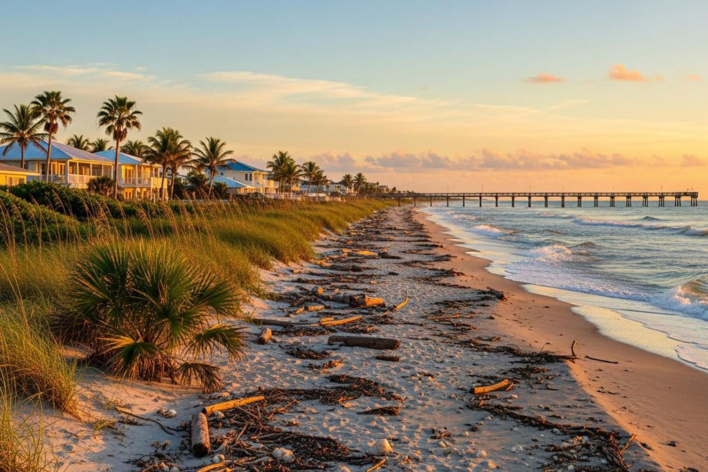 Beach, palms and dune grass at sunset on Florida’s South Space Coast